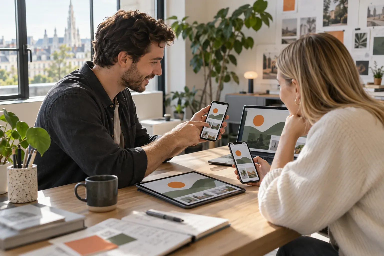 Twee lachende mensen praten over hun smartphones, ter illustratie van de Koeur24-app
