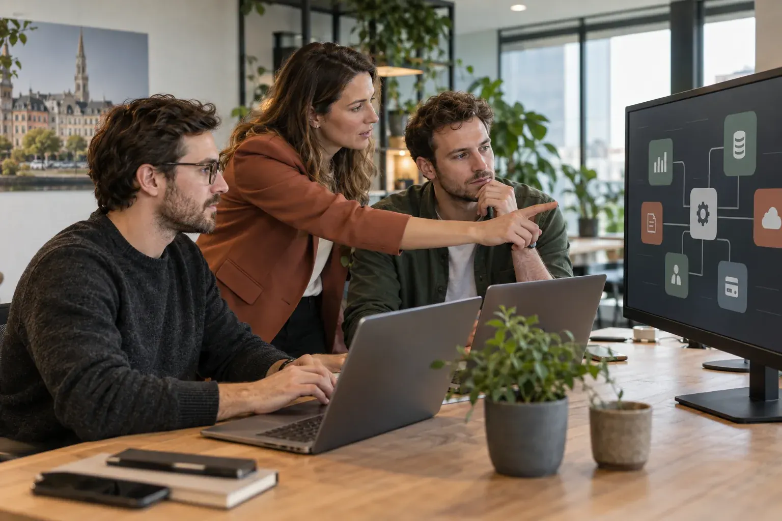 Three colleagues in front of a screen of document and payment icons, illustrating the Bjet24 journey