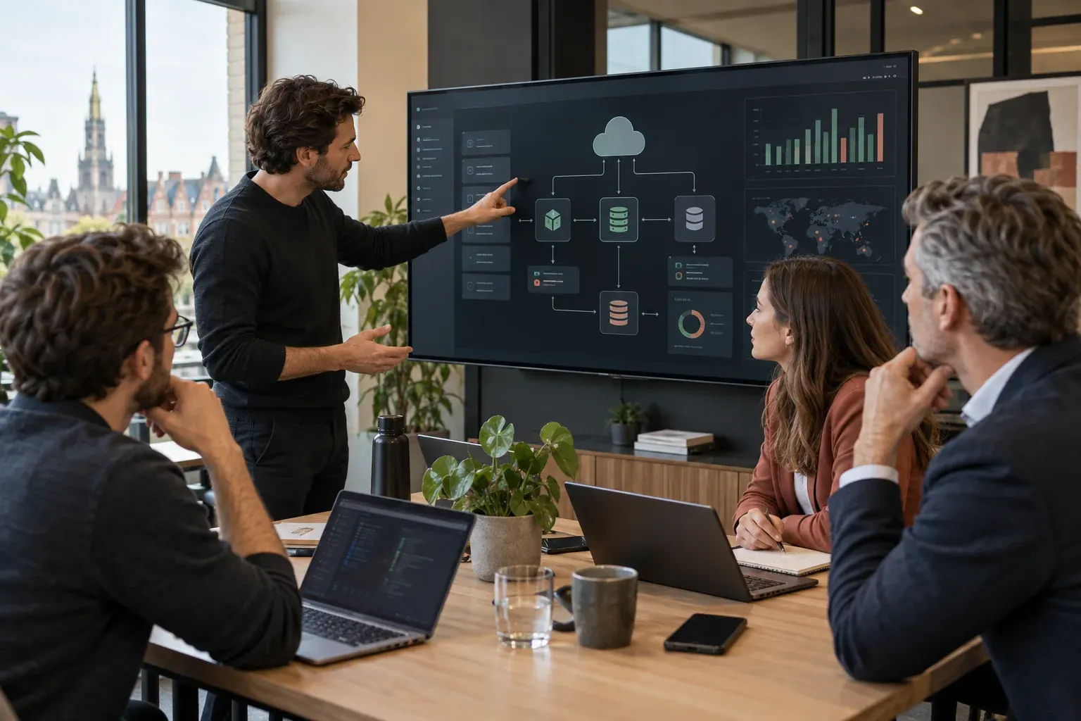 Team gathered in front of a large screen of data and charts, illustrating Company France