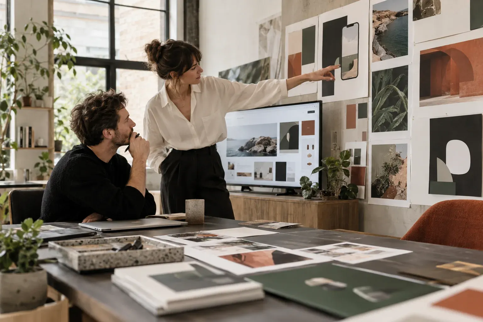 Deux designers commentent des maquettes d'application affichées au mur, illustration du portfolio d'Espero-Soft