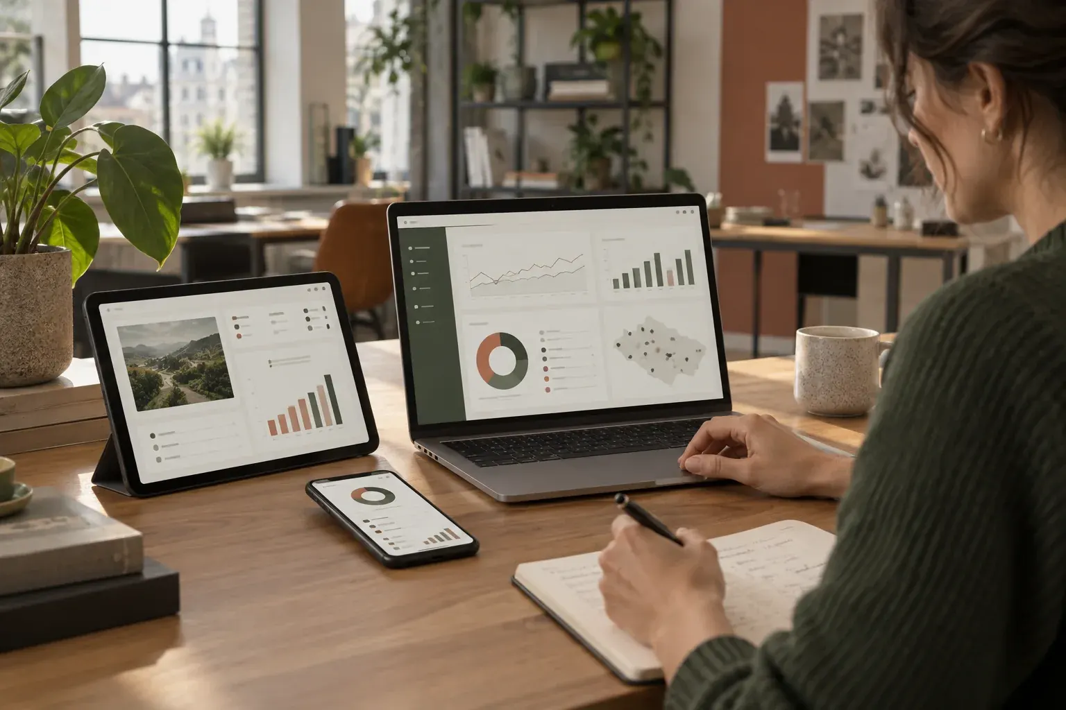 Laptop, tablet en smartphone met grafieken en een kaart, in de geest van de gegevens van Company Belgium