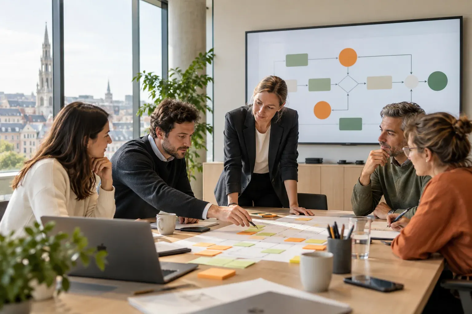 Meeting around a table and a process diagram, illustrating the guidance LegalBelgique offers