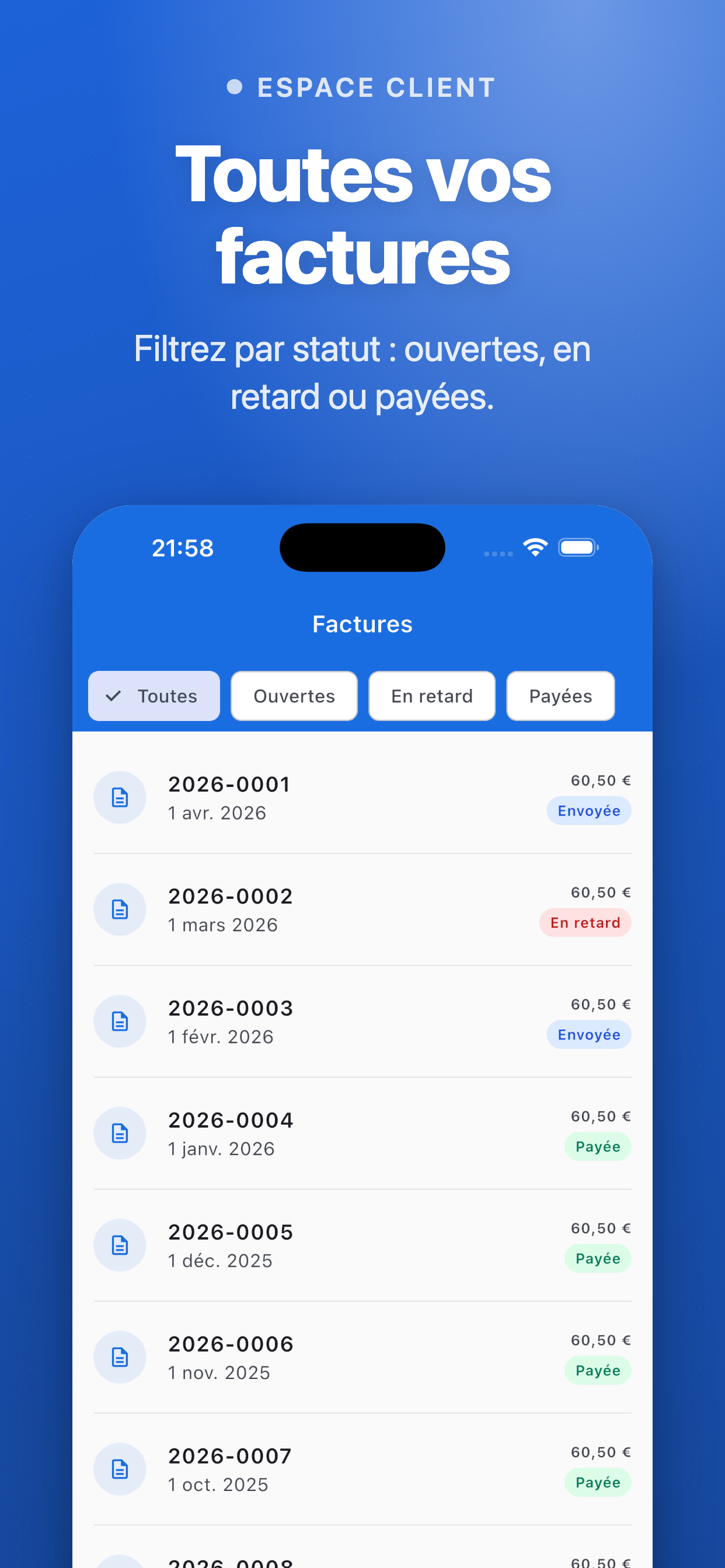 Invoice list with status filters — Company Belgium Client